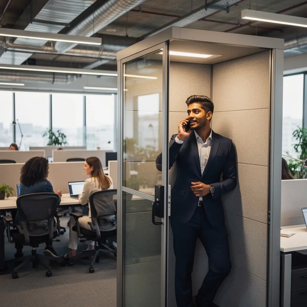 Strefa pracy zespołowej z akustycznymi panelami dźwiękochłonnymi.