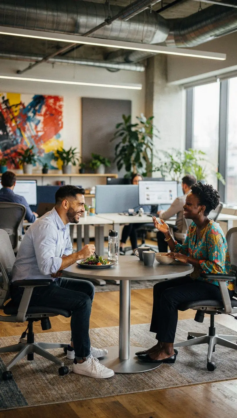 Plan biura z różnorodnymi strefami pracy i akustycznymi rozwiązaniami.