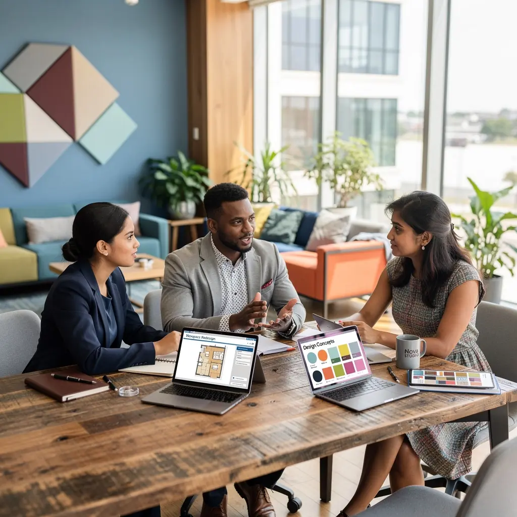 Plan biura z wyznaczonymi strefami do koncentracji i współpracy.